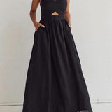 Benedikta | Ärmelloses Maxi-Kleid aus Leinen mit Cut-Out-Detail und Spaghettiträgern