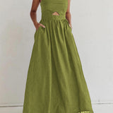Benedikta | Ärmelloses Maxi-Kleid aus Leinen mit Cut-Out-Detail und Spaghettiträgern