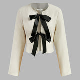 Silke | Eleganter Weißer Tweed-Blazer mit Schwarzen Satin Schleifen