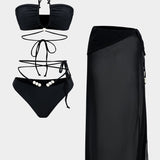 Meredith | Dreiteiliges Bikini-Set mit Wickelband-Design, Perlen-Details und transparentem Pareo