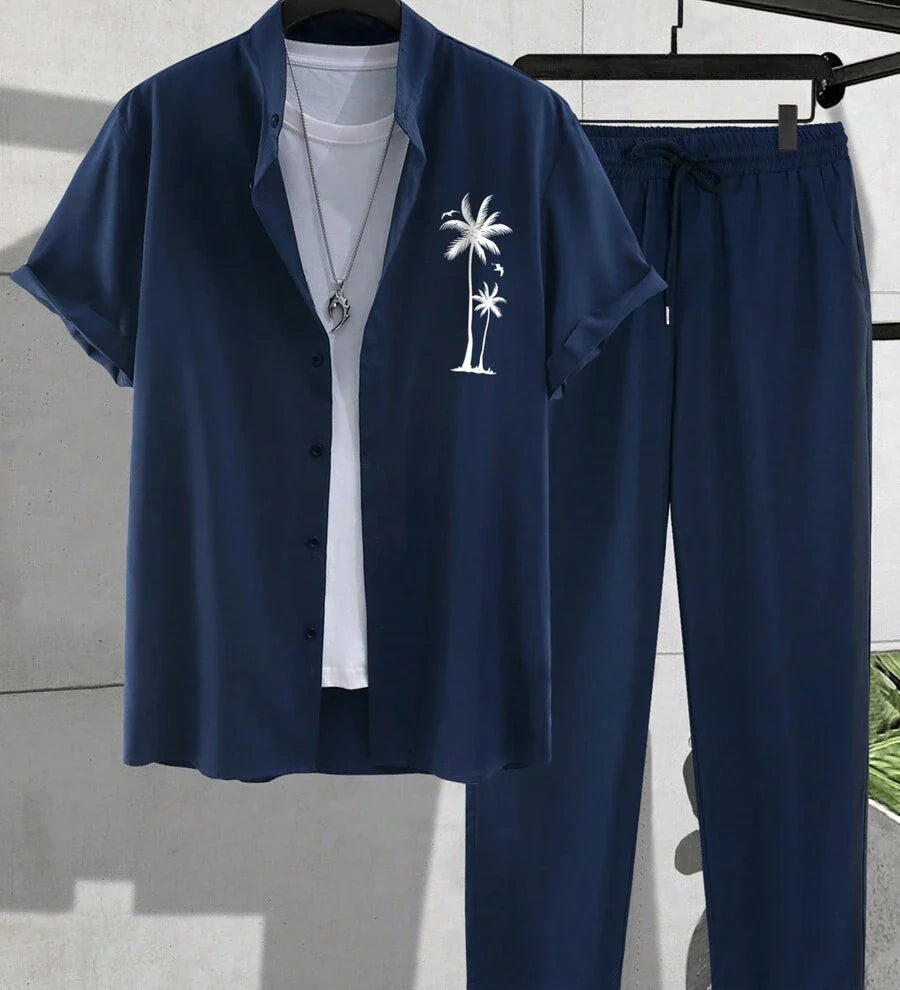 Herren Resort-Set mit Palmen-Stickerei | Hemd & Lange Hose