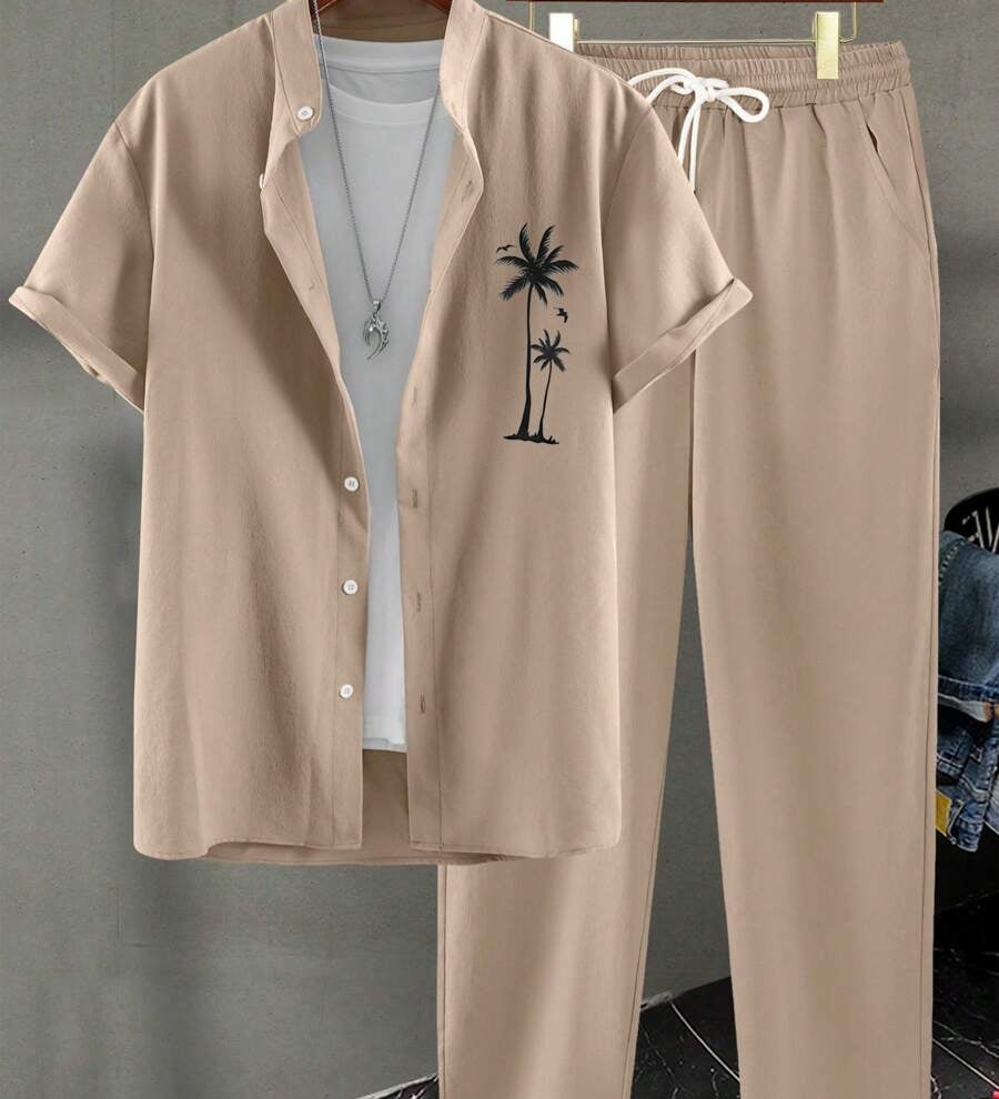 Herren Resort-Set mit Palmen-Stickerei | Hemd & Lange Hose