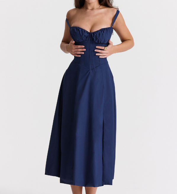 Sophia | Feminines Midikleid mit Corsage, Trägern & schwingendem Rock