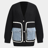 Ella | Schwarzer Strick-Cardigan mit Denim-Patches – Der perfekte Mix aus Komfort und Stil