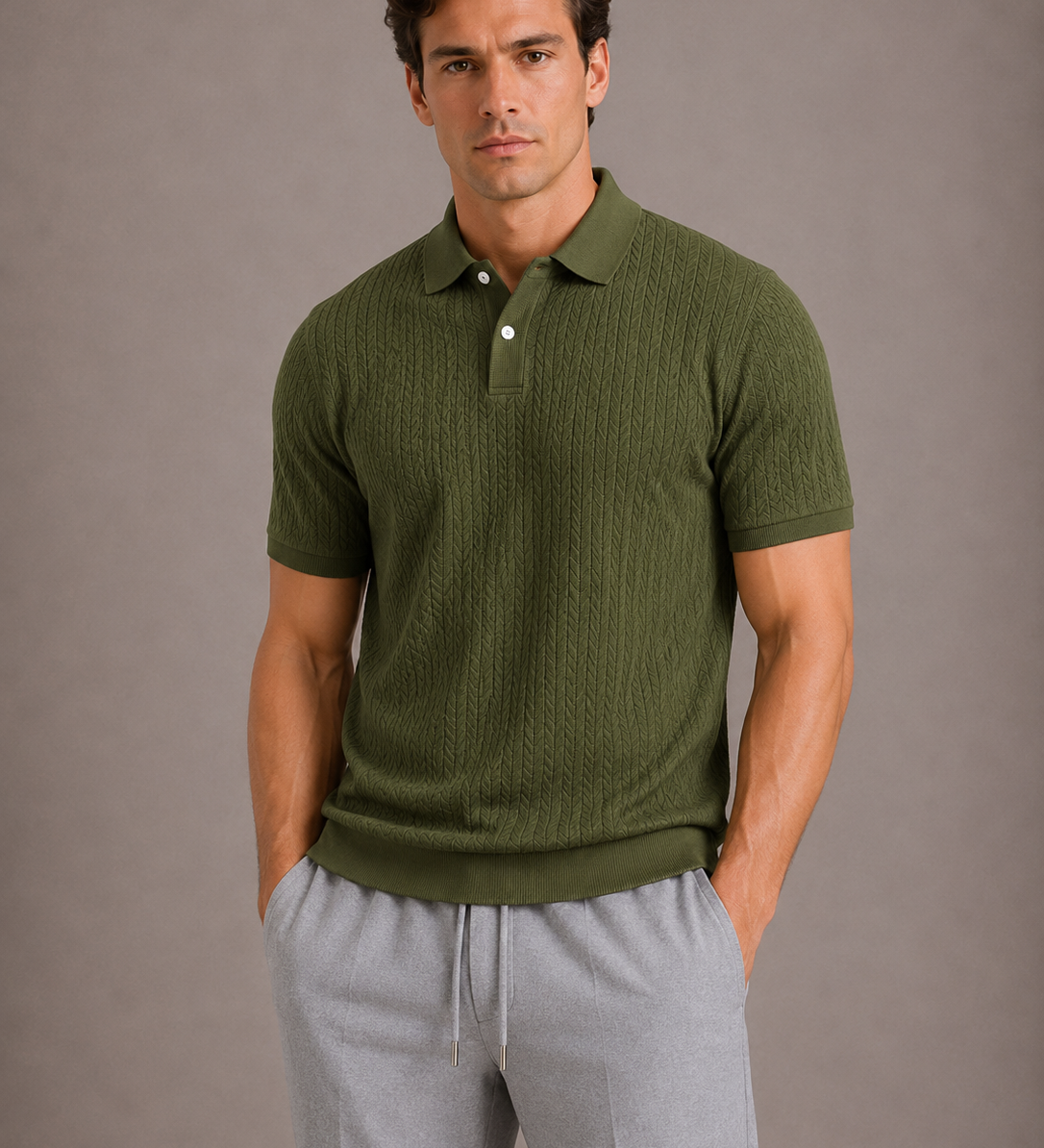 Herren Strick Poloshirt mit Zopfmuster