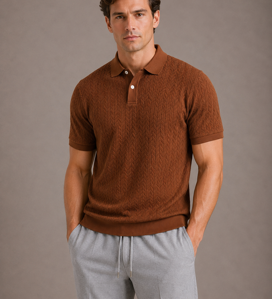 Herren Strick Poloshirt mit Zopfmuster
