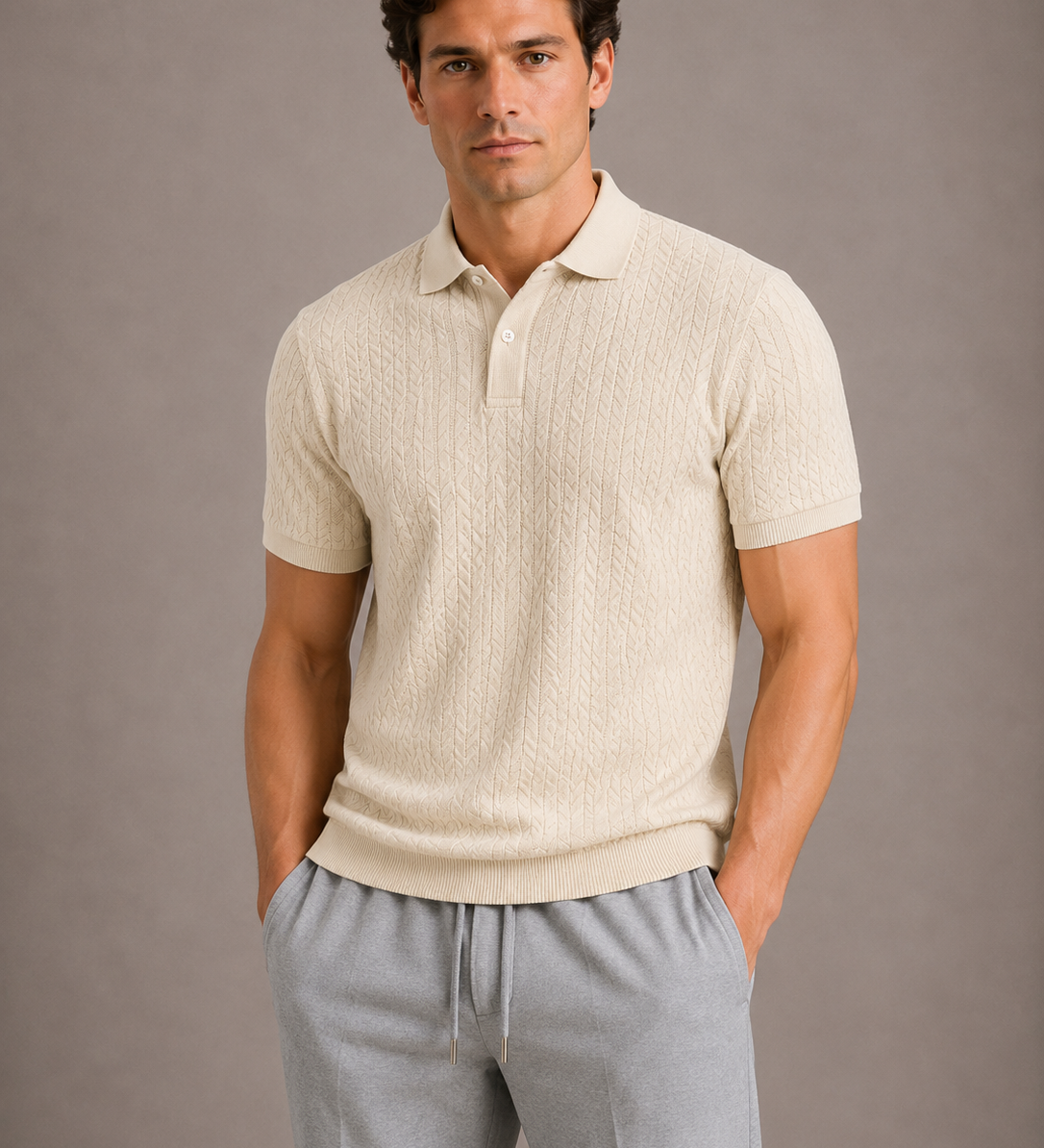 Herren Strick Poloshirt mit Zopfmuster