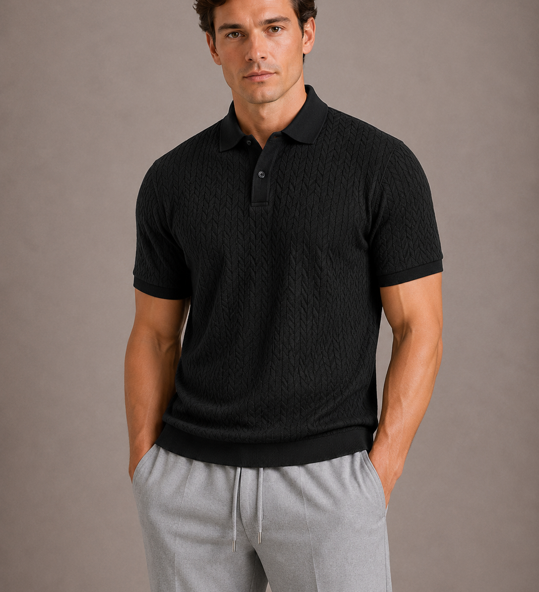 Herren Strick Poloshirt mit Zopfmuster