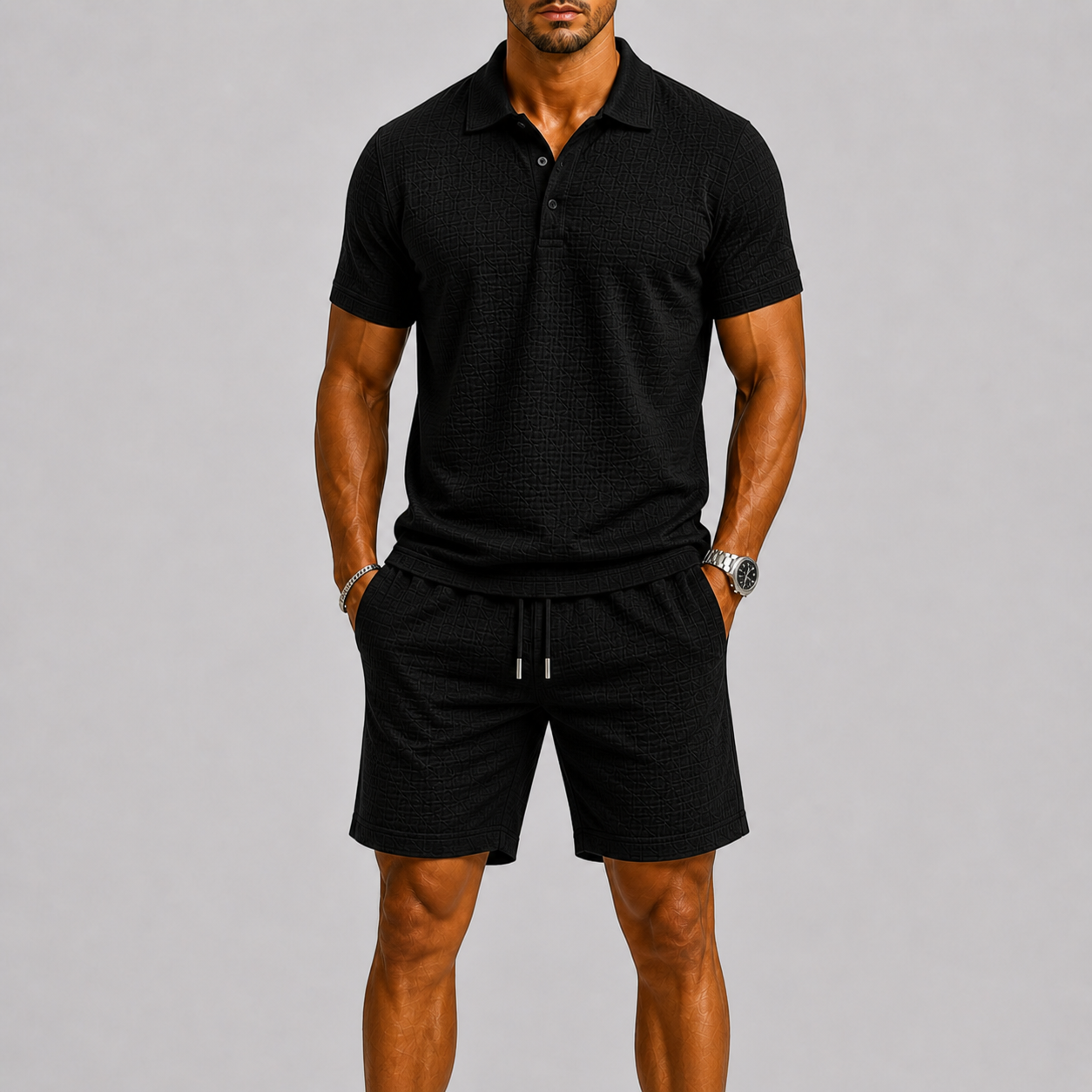 Herren Poloshirt und Shorts Set mit Strukturmuster