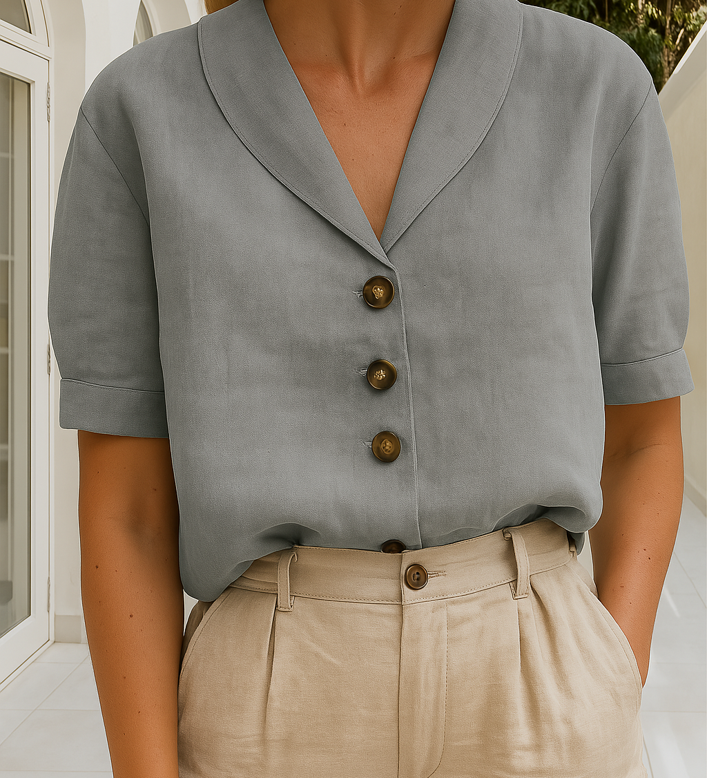 Leinenbluse mit kurzem Ärmel und Knopfleiste für Damen