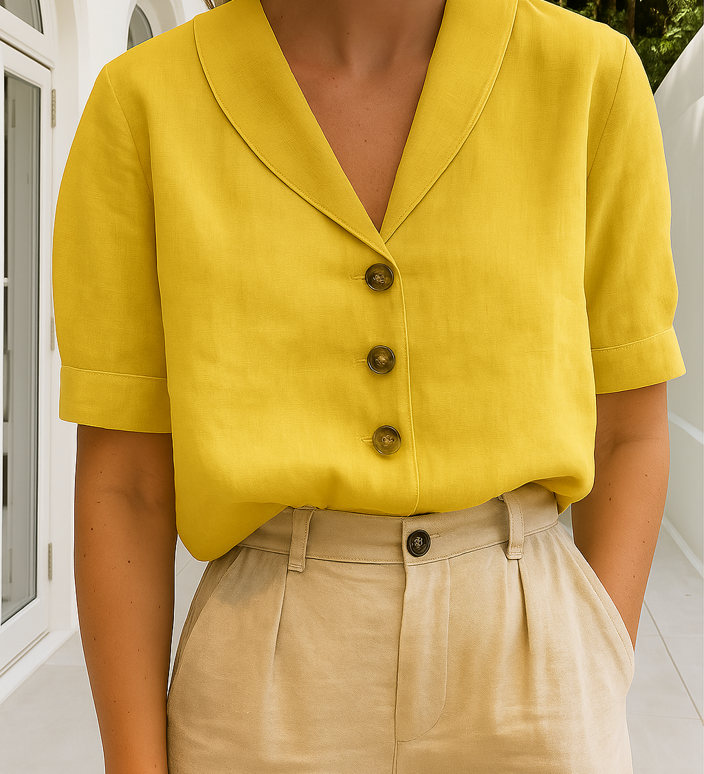 Leinenbluse mit kurzem Ärmel und Knopfleiste für Damen