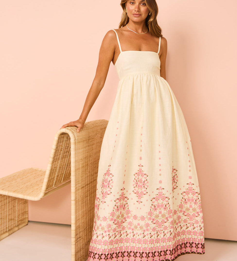Boho Maxikleid mit Stickerei und Spaghettiträgern für Damen