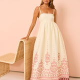 Boho Maxikleid mit Stickerei und Spaghettiträgern für Damen