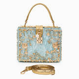 Luxus-Acryl Clutch in Himmelblau mit barockem Golddekor – Vintage-inspirierte Abendtasche