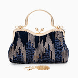 Alyannah | Navyblaue Samt-Clutch mit goldenen Pailletten & verziertem Griff – Elegante Abendtasche für Damen
