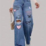 Weit geschnittene Jeans mit Herz- & Graffiti-Print – Trendige Streetstyle-Denim