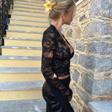 Lina | Schwarzes Spitzenoberteil mit V-Ausschnitt, Mesh-Design für Frauen