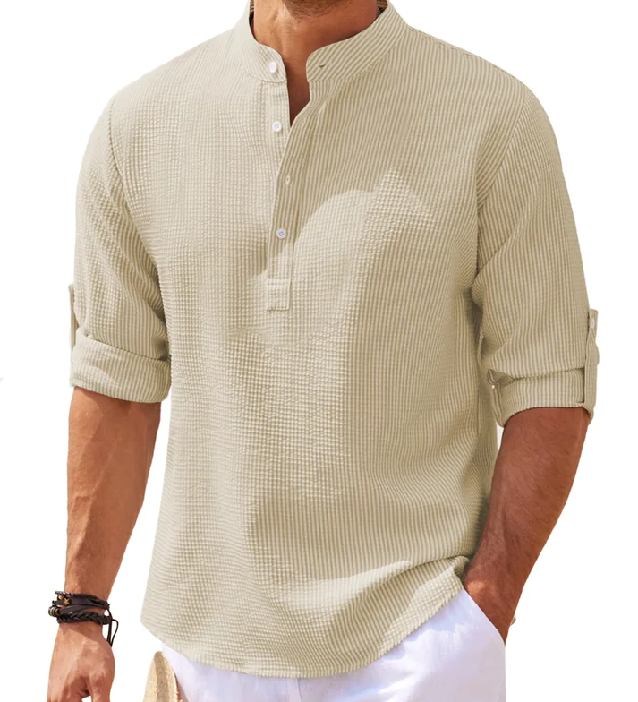 William | Nadelstreifen-Henley-Hemd mit Stehkragen und Knopfleiste