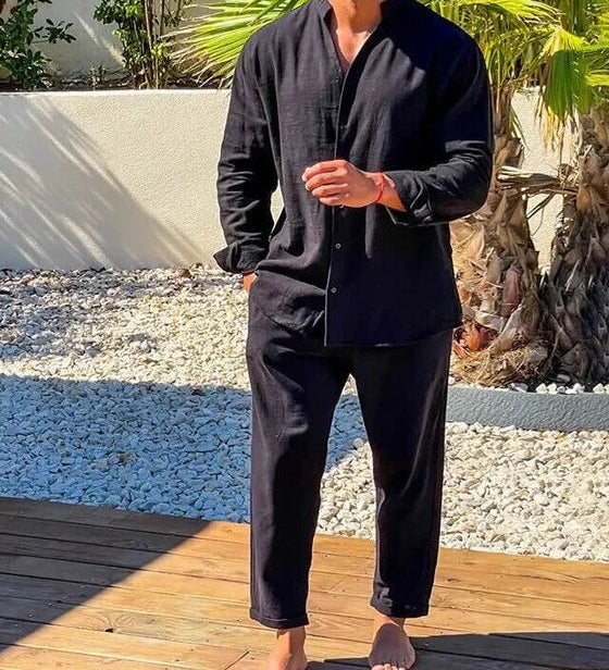 Lässiges Herren Leinen-Set | Hemd mit Stehkragen & Hose