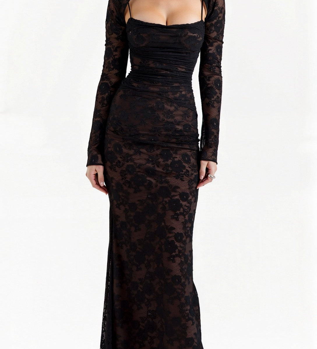 Damen Spitzen Maxikleid mit Langarm