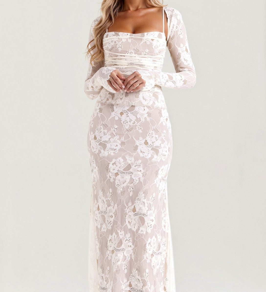 Damen Spitzen Maxikleid mit Langarm