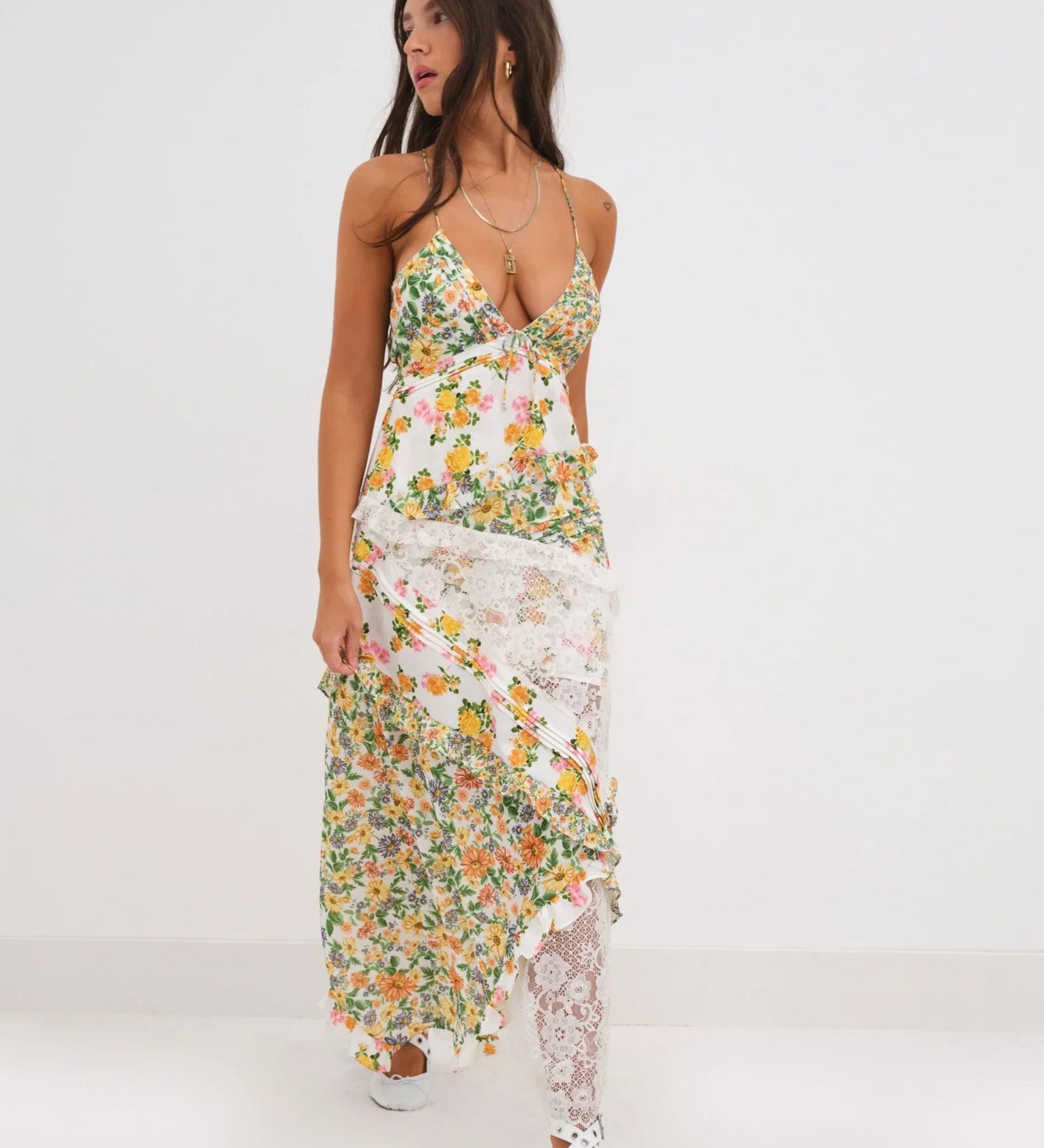 Blumiges Maxikleid mit Spitze und Spaghettiträgern für Damen