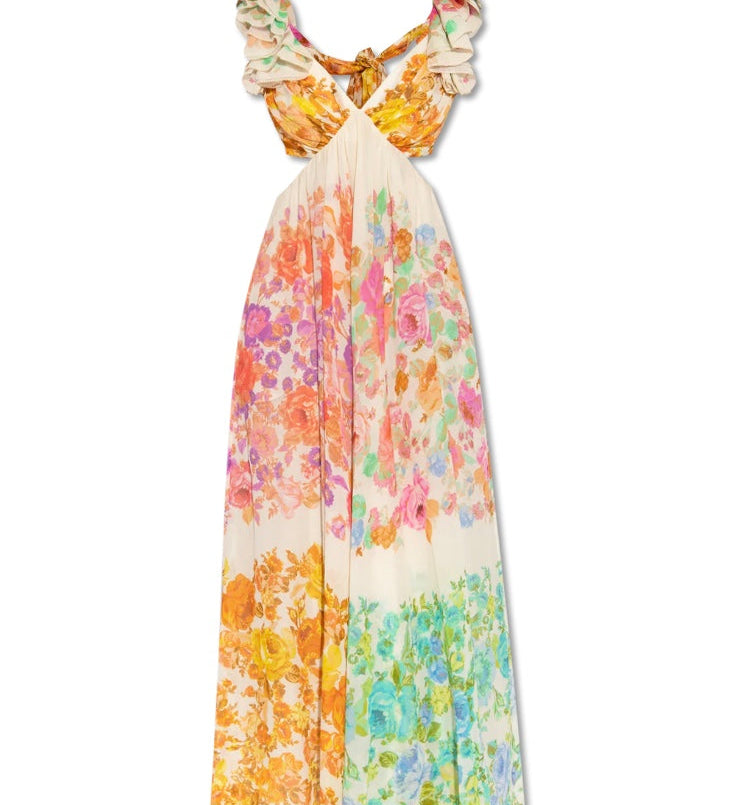 Maxikleid mit Blumenmuster, V-Ausschnitt und Rüschen-Trägern für Damen