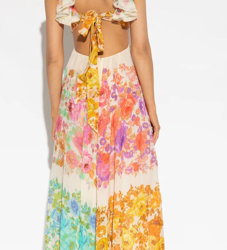 Maxikleid mit Blumenmuster, V-Ausschnitt und Rüschen-Trägern für Damen