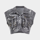 Raven | Cropped Denim-Weste in Grau mit Metallelementen – Urban und Edgy