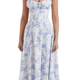 Hannah | Midikleid mit Corsagen-Top & blau-weißem Blumenprint