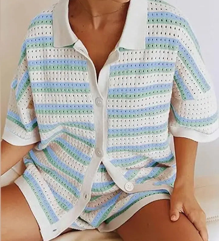 Pauline | Zweiteiliges Strick-Set mit Hemd & Shorts