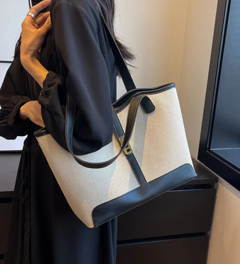 Amelia | Canvas Schulter Handtasche mit Lederdetails & Drehverschluss