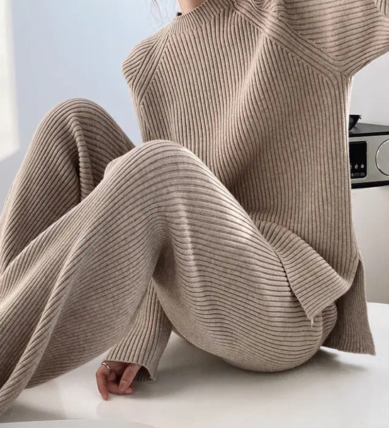 Camila | Rippenstrick Weites Bein Schlaghosen & Pullover Zweiteilig Lounge-Set