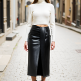 Dorle | Eleganter Kunstleder-Midirock mit Wickeloptik und hohem Schlitz