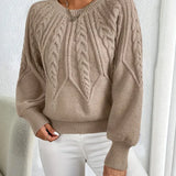 Damen Pullover Strick Elegant Kabelmuster Ballonärmel