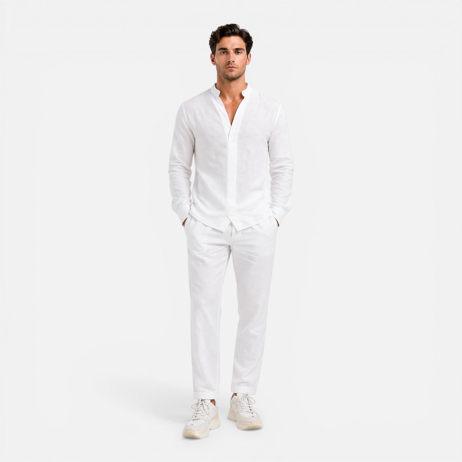 Herren Leinenhemd und Hose Set mit Stehkragen