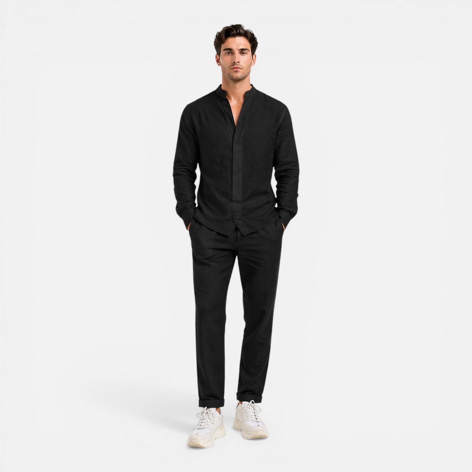 Herren Leinenhemd und Hose Set mit Stehkragen