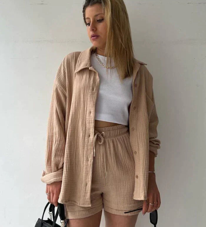 Lässiges 2-Teiler Damen Set – Oversize Hemd & Shorts aus Musselin | Zendoo.de