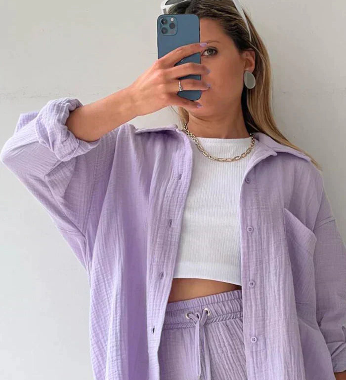 Lässiges 2-Teiler Damen Set – Oversize Hemd & Shorts aus Musselin | Zendoo.de