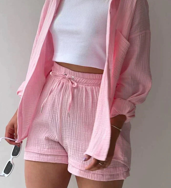 Lässiges 2-Teiler Damen Set – Oversize Hemd & Shorts aus Musselin | Zendoo.de