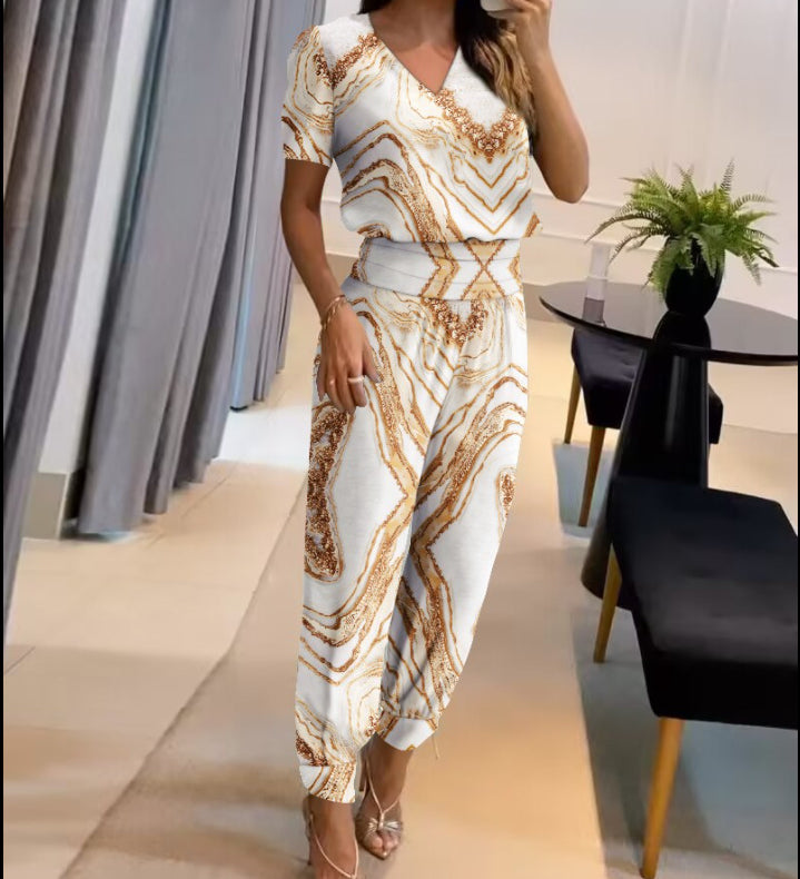 Damen Sommer Zweiteiler mit modernem Print und V-Ausschnitt