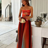Maxi Sommerkleid mit Cut-Outs & Bandeau-Top – Farbverlauf Rot-Orange
