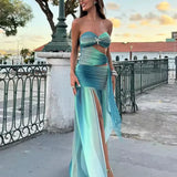 Maxi Sommerkleid mit Cut-Outs & Bandeau-Top – Farbverlauf Rot-Orange