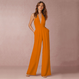 Damen Jumpsuit mit Tiefer V-Ausschnitt – Eleganter Ärmelloser Overall mit Weitem Bein