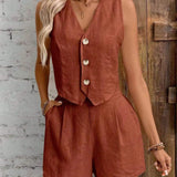 Zweiteiler aus Leinenoptik – Ärmelloses Gilet mit High-Waist Shorts
