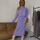 Damen Strick Zweiteiler mit Rollkragen Pullover und Midikleid