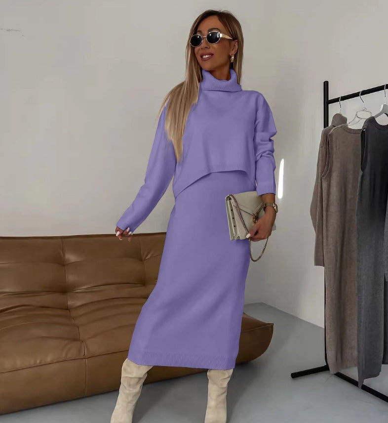 Damen Strick Zweiteiler mit Rollkragen Pullover und Midikleid