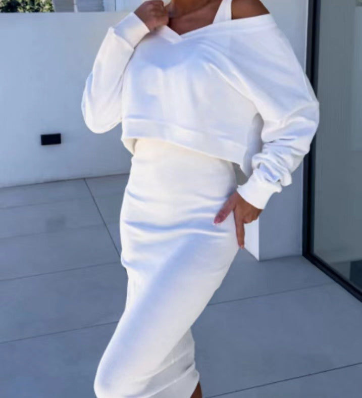 Damen Zweiteiler mit V-Ausschnitt Pullover und figurbetontem Midikleid