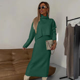 Damen Strick Zweiteiler mit Rollkragen Pullover und Midikleid