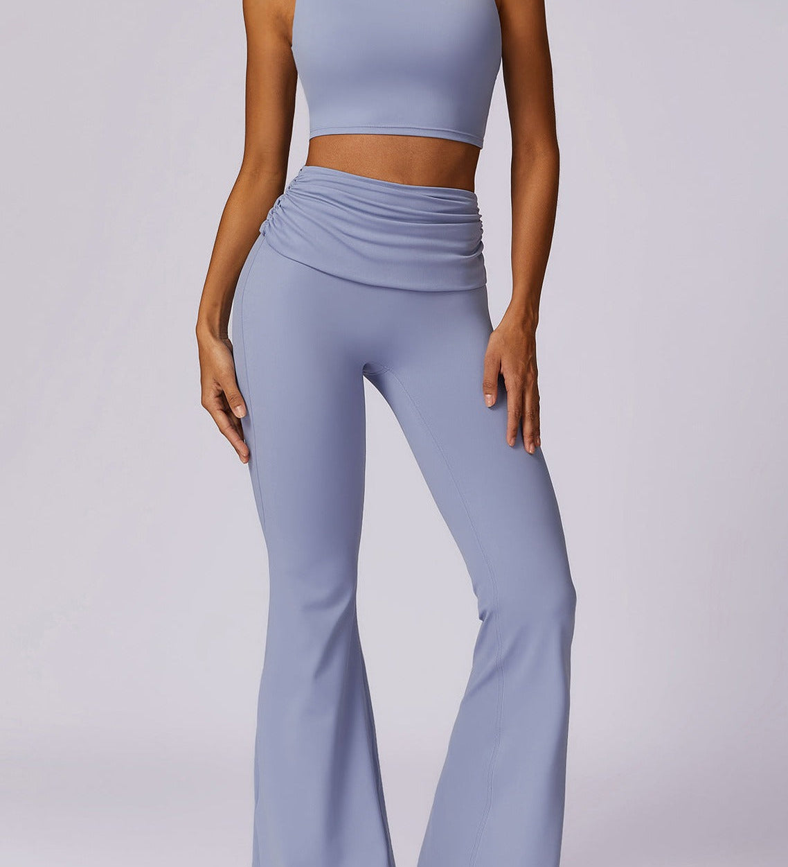 Liana | Hellblau High-Waist Flare Leggings mit Faltbund